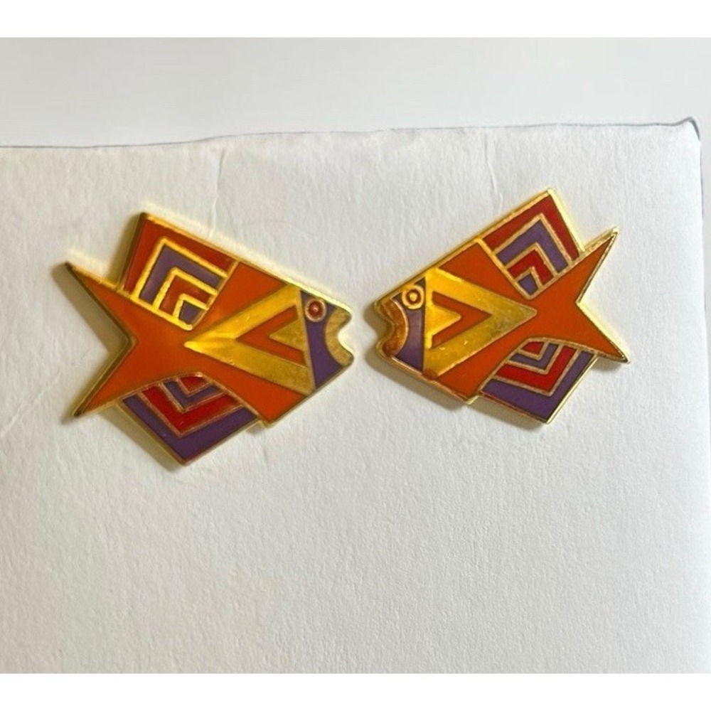 Vintage Laurel Burch Siamese Fish Red Orange Purple Enamel Pierce Earrings 1980s